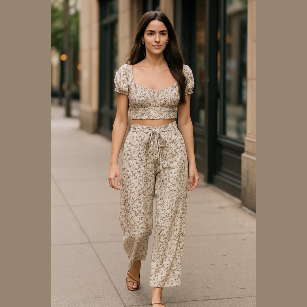 Get Ready to Slay in Style with Our Daisy Print Cropped Top and Wide Leg…